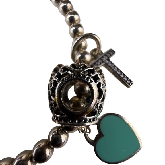 Tiffany & Co. AG925 Womens Silver-Tone Beaded Charm Bracelet With Heart & Cross - Picture 9 of 11
